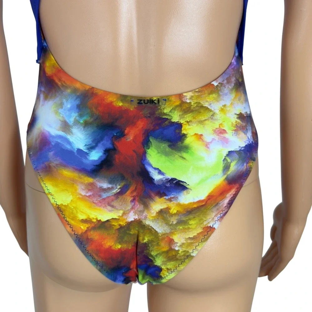 Zuiki Reversible One‎ Piece Swimsuit Blue Abstract Cloud Print Cutout Tie Front